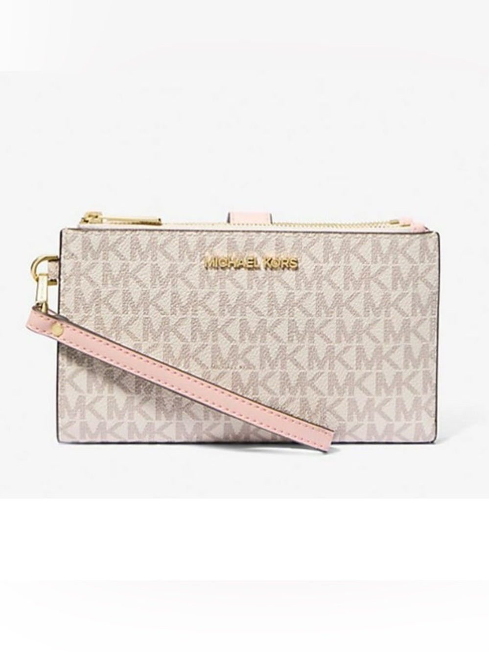 Michael Kors Logo Jet Set Travel Double Zip Wristlet Vanilla Pink Gold